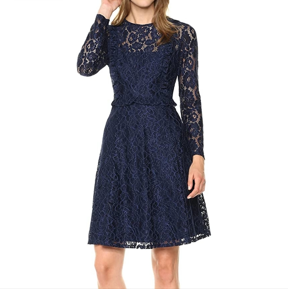 Wild Meadow Navy Blue Floral‎ Lace Ruffle Long Sleeve Fit Flare Dress XS